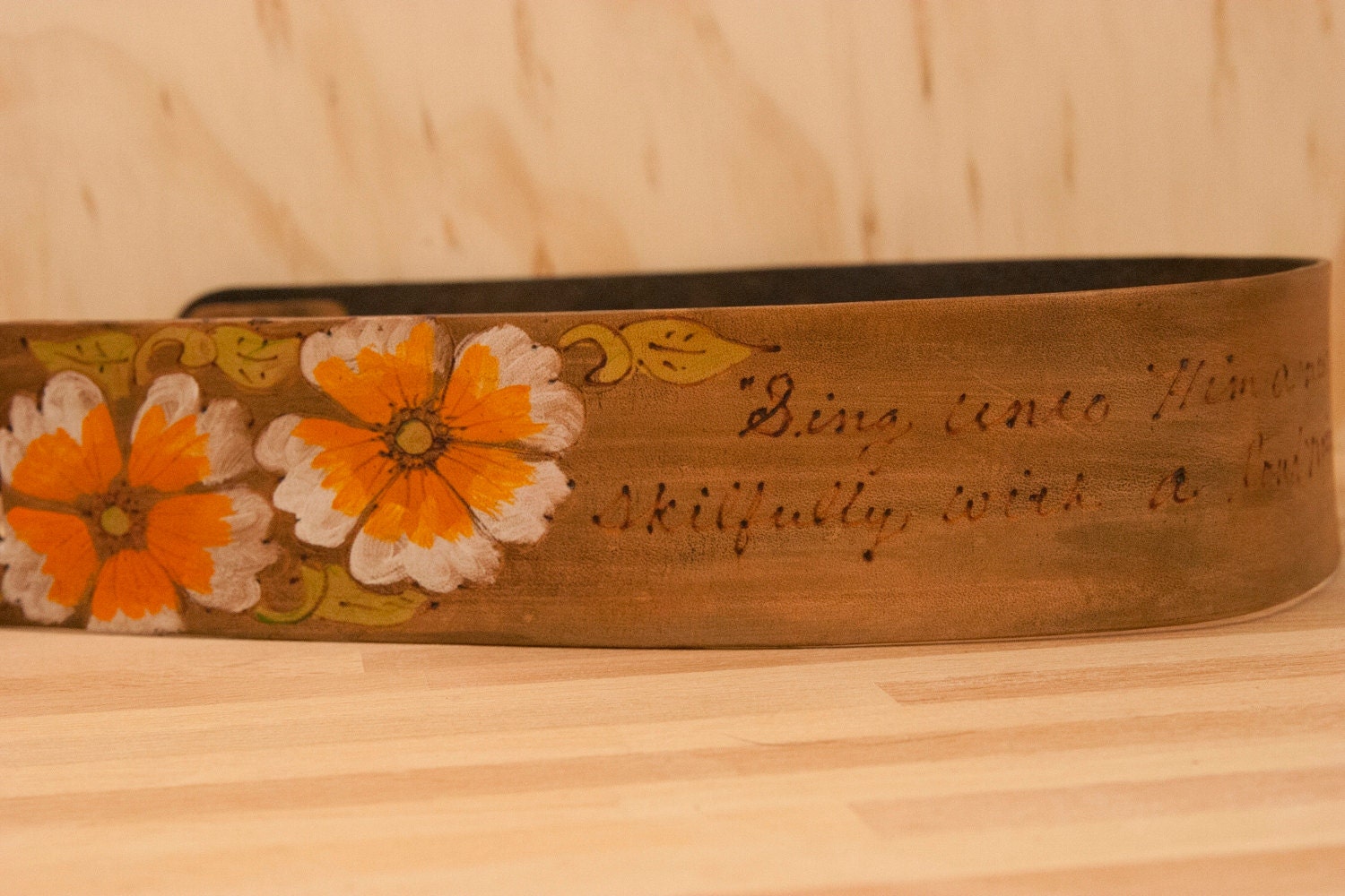 Leather Guitar Strap - Antique Brown - Personalized Smokey Pattern with Flowers