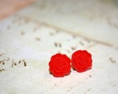 Red earrings, Vintage flower cabochon earrings, Red resin flat rose flower earrings