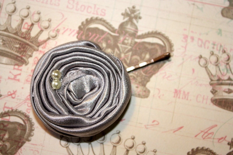 Silver gray flower bobby pin, rolled rosette fabric flower bobby pin in Silver gray, perfect for bridesmaids hair