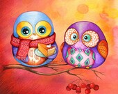 OWL Art - Autumn Colors - Pumpkin Pie - Fall Leaves Red Orange Gold Foliage - Illustration Painting Print by Annya Kai