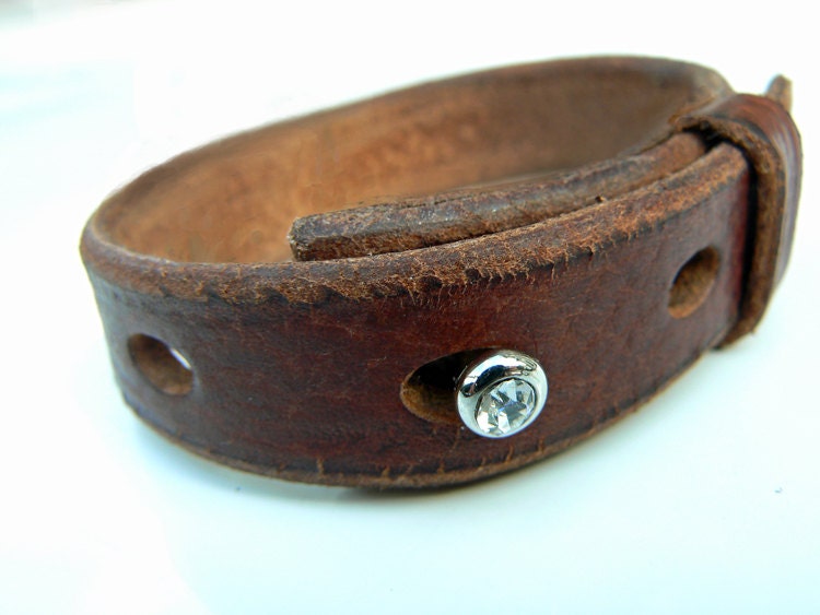 Band-it Leather Band Cuff Bracelet - Rhinestone or Nickel Post - Adjustable and Choice of Color Leather