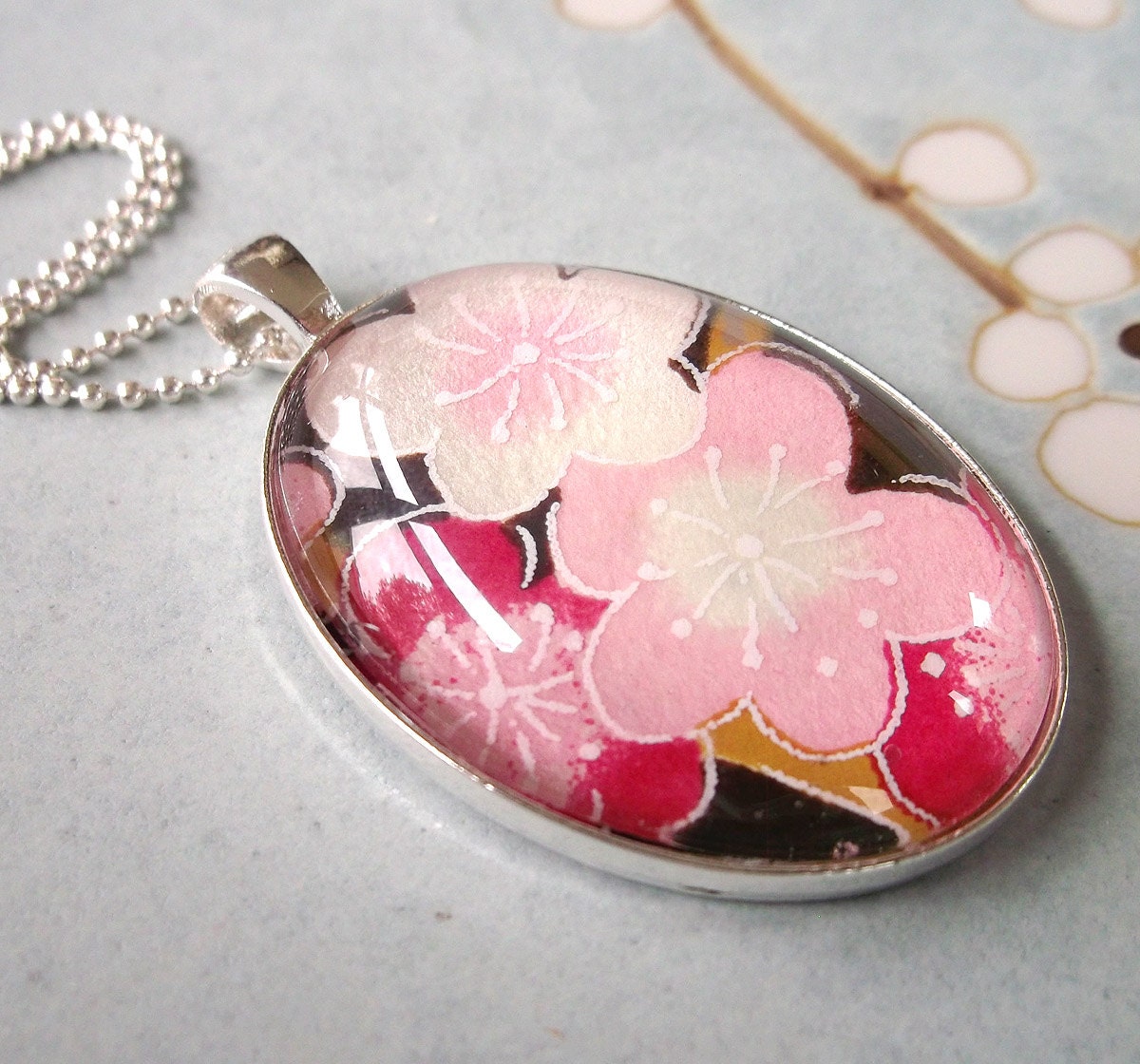 Pink Japanese Glass Pendant Necklace Oval Chiyogami Silver - Sakura on Chocolate