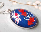 Japanese Glass Pendant Necklace Oval Chiyogami and Silver - Goldfish Blues