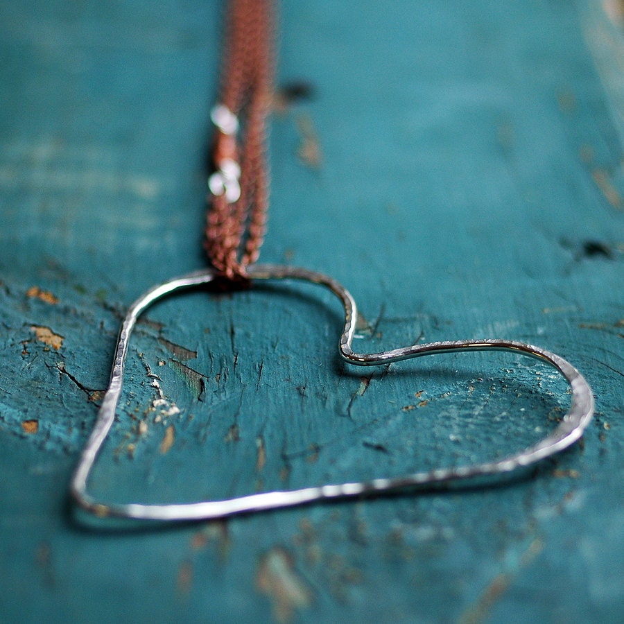 Heart Necklace - Large Open Heart Pendant - Sterling Silver - Long Copper Chain - Bohemian Boho Style - Recycled Silver - love necklace