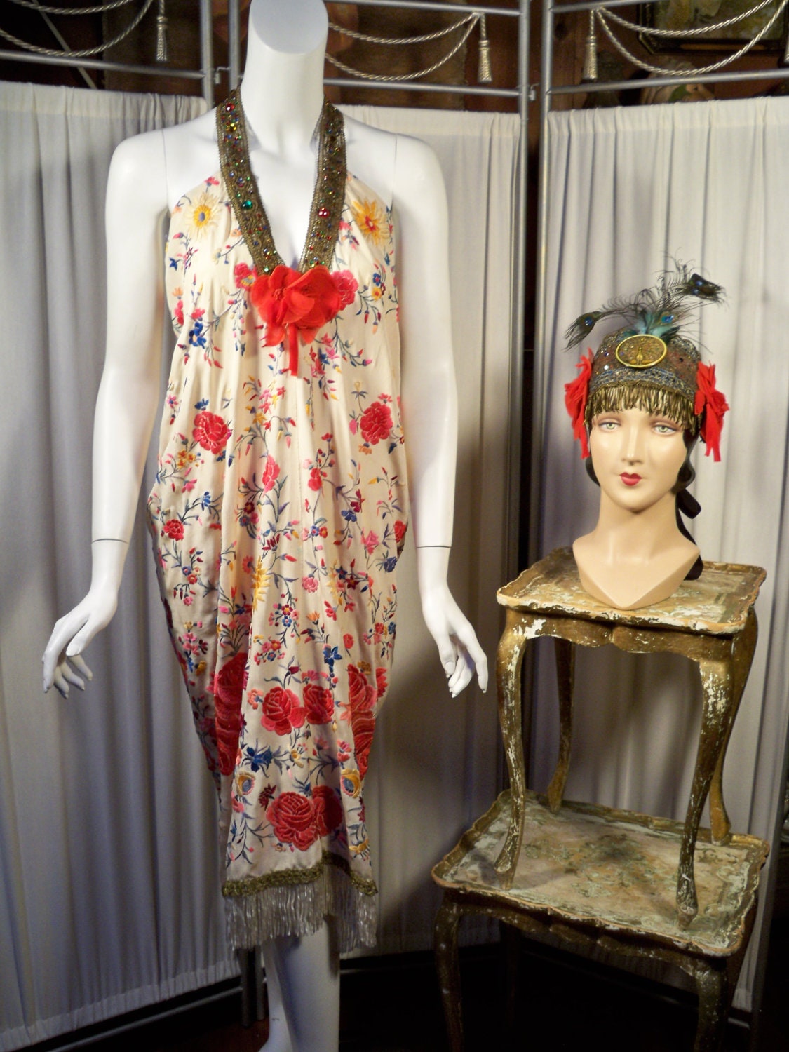 Art Deco Flapper 1920s Dress Embroidered Piano Shawl And Rhinestone Antique Trim