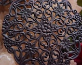 2pc Large Round Filigrees With Heart Flower Design Hand Oxidized Patina Brass Victorian Vintage Design Jewelry Findings