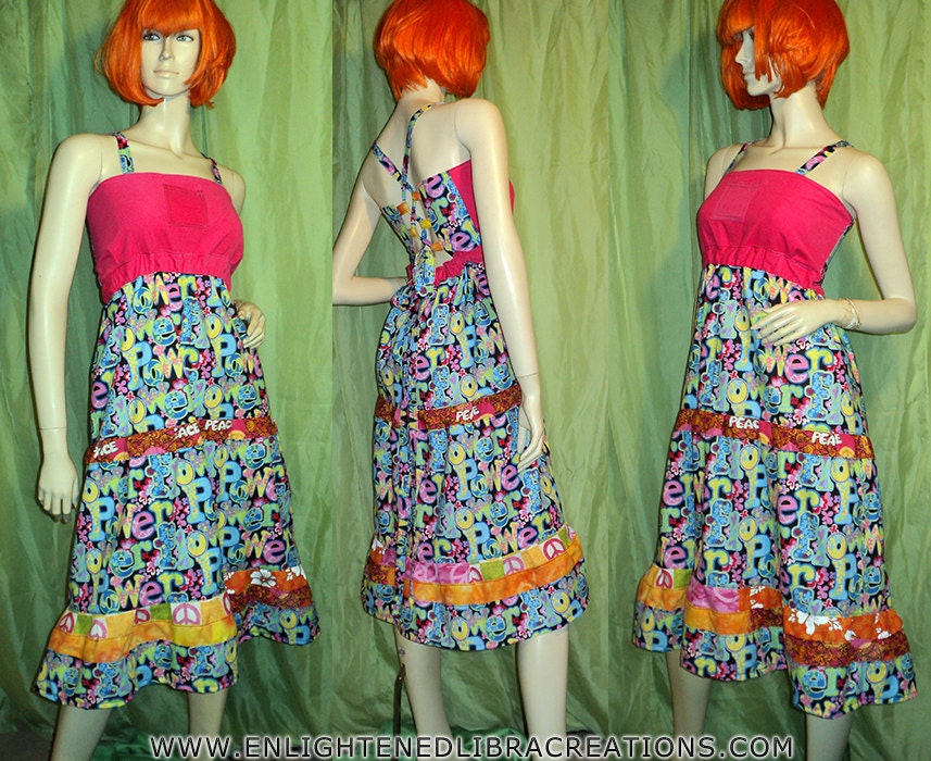 Hippie Patchwork Tiered Apron Dress - Maxi - Twirly Festival Apron Corset Dress - One of a Kind - Peace Sign Dress - S/M/L
