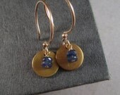 Sapphire Earrings, Brass Circle Earrings, Gemstone Earrings, Delicate Jewelry, September Birthstone Jewelry, Dangle Earrings