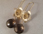 Smoky Quartz Earrings, Brass Flower Earrings, Gemstone Briolette Earrings, Floral Jewelry, Dangle Gemstone Earrings