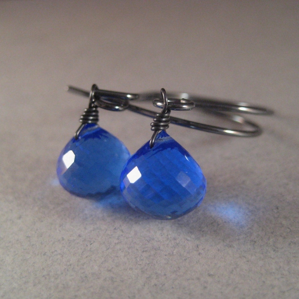 Blue Quartz Earrings, Faceted Blue Quartz Briolette Oxidized Sterling Silver Earrings