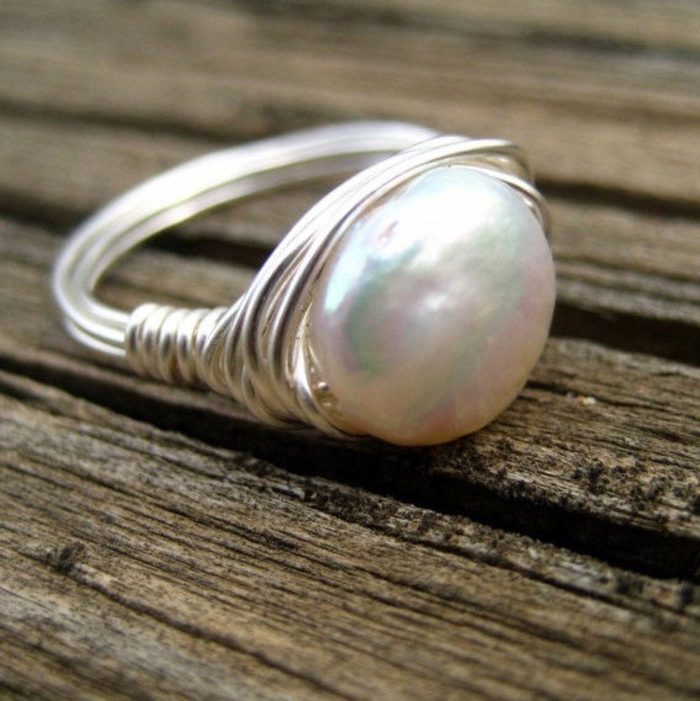 White freshwater pearl ring silver simple wire wrapped Black Friday etsy