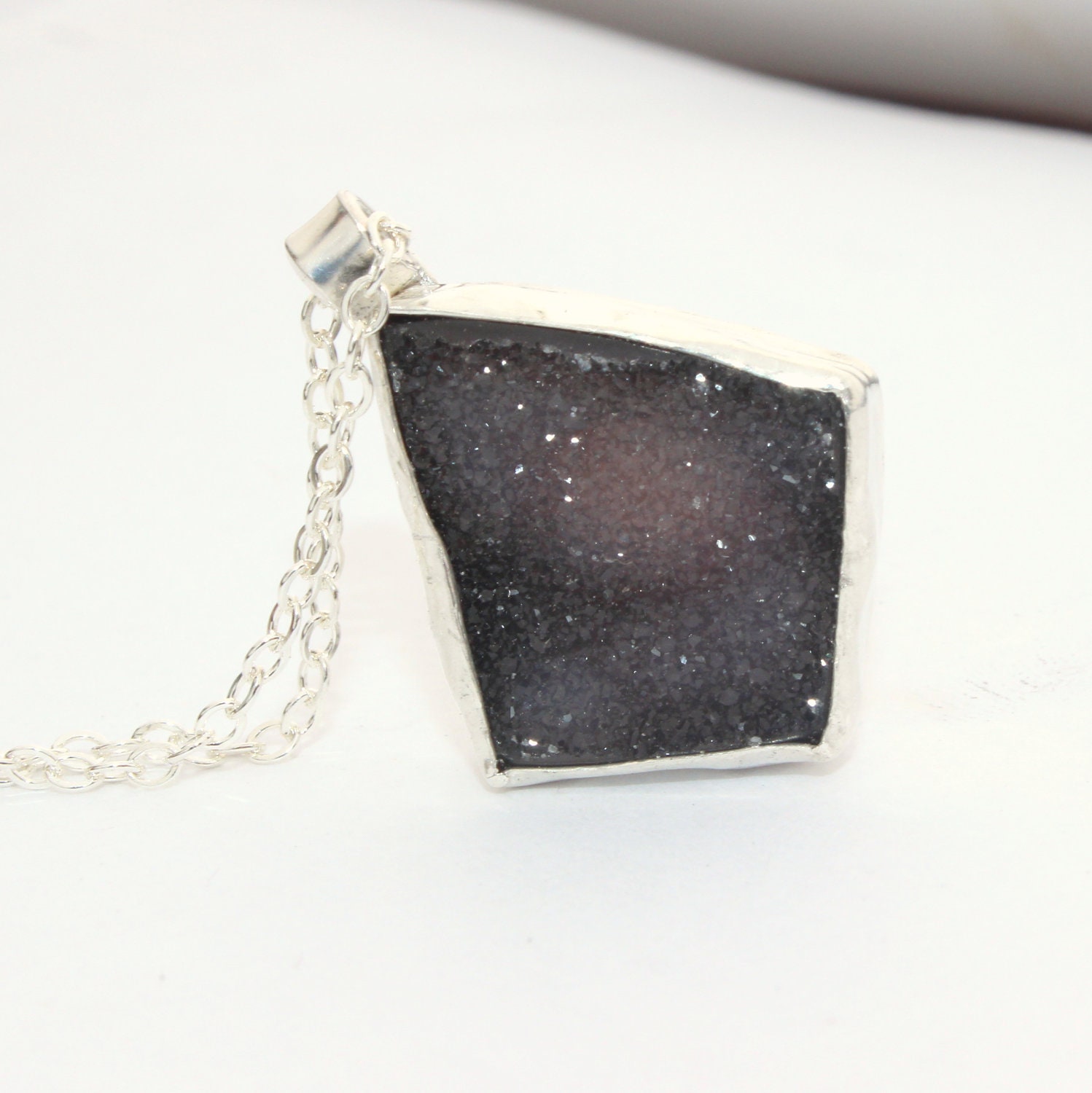 Brown druzy necklace, sparkling rough crystalline drusy, metalwork pendant, sterling silver pendant, geometric pendant, statement necklace