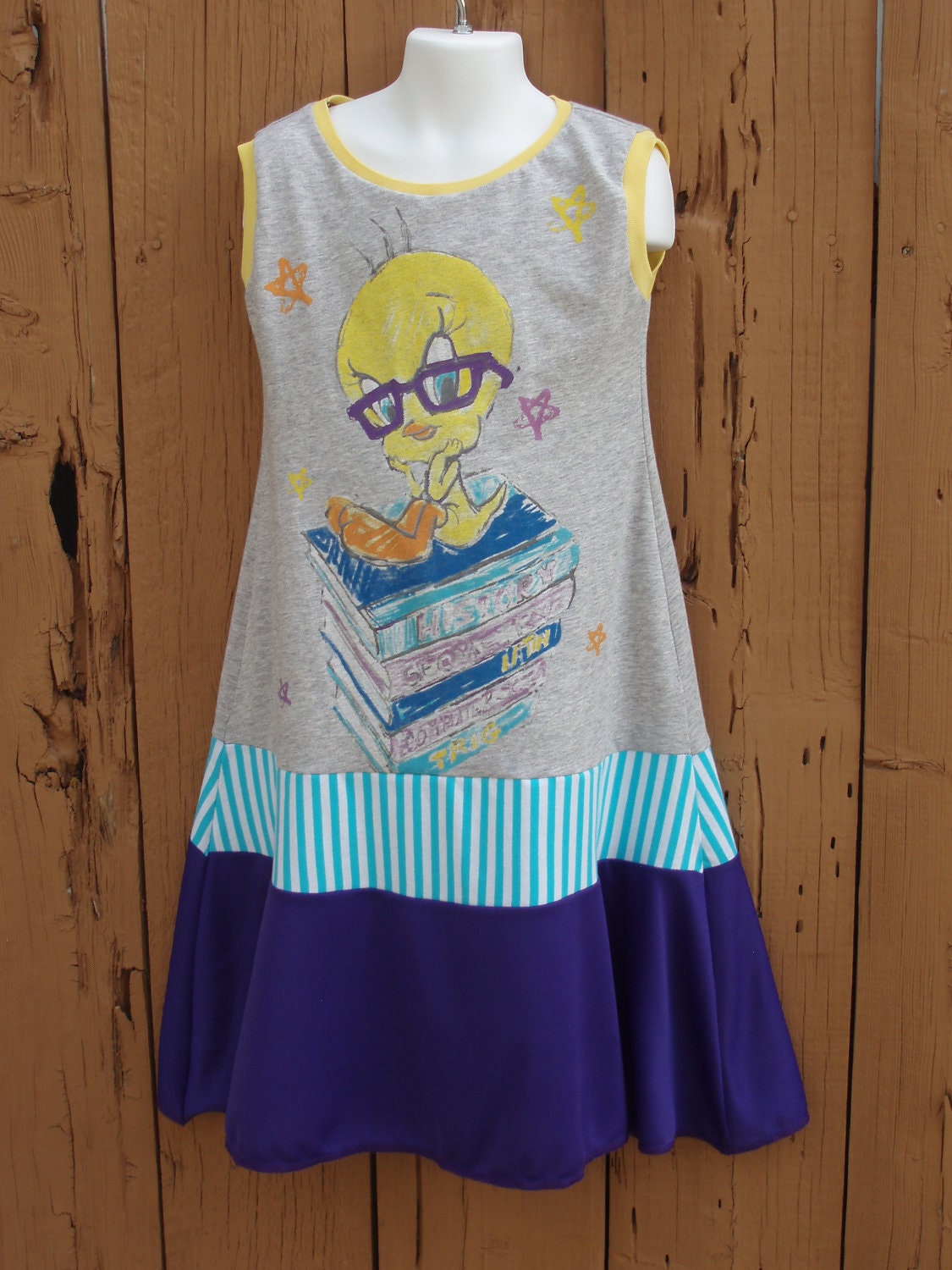 Upcycled Repurposed Tweety Bird on Books Dress In Size 7