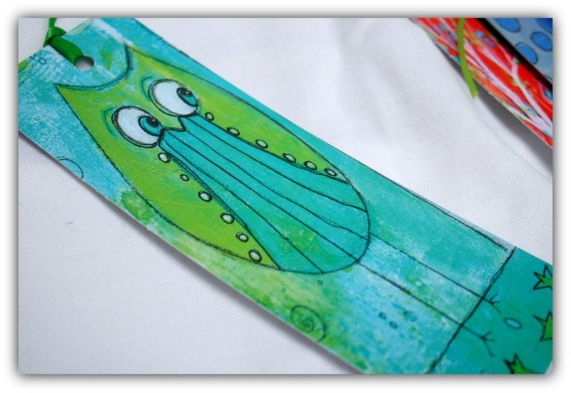 Owl bookmark Leap of Faith in teal and lime green funky mini gift by Jodi Ohl