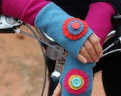 Recycled Wool Armwarmers / Gloves  - Hot Pink and Soft Blue with Handstitched Embellishment