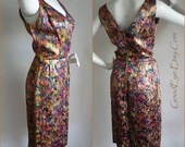 Vintage Brocade Cocktail Dress 1960s Colorful Metallics Small Size 4 6 8 Gold Blue Red