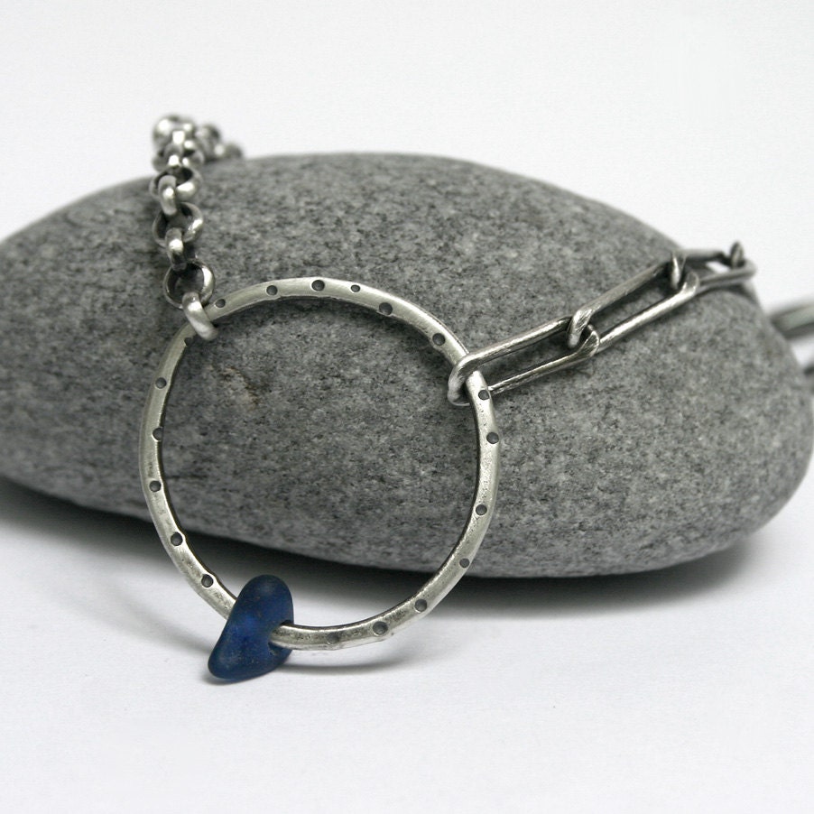 Sterling Silver Blue Seaglass O Necklace Assymetrical Chains Statement . Oh My