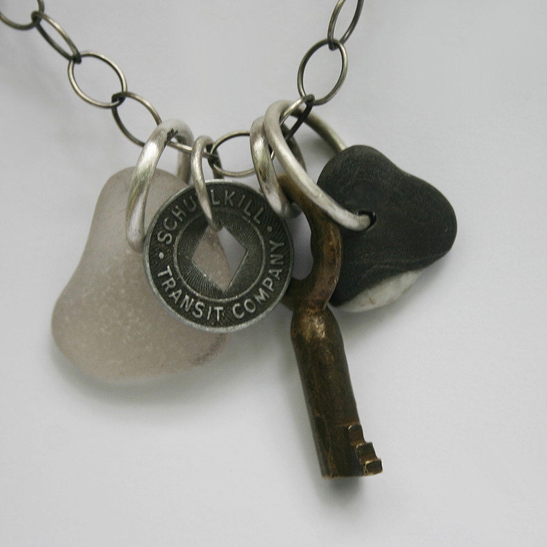 Seaglass Beach Stone Charm Necklace Vintage Token and Key - Kitchen Sink