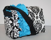 MESSENGER BAG -  Diaper Bag - Laptop Bag - Book Tote - White Damask - Dandy Damask - Turquoise Ruffle