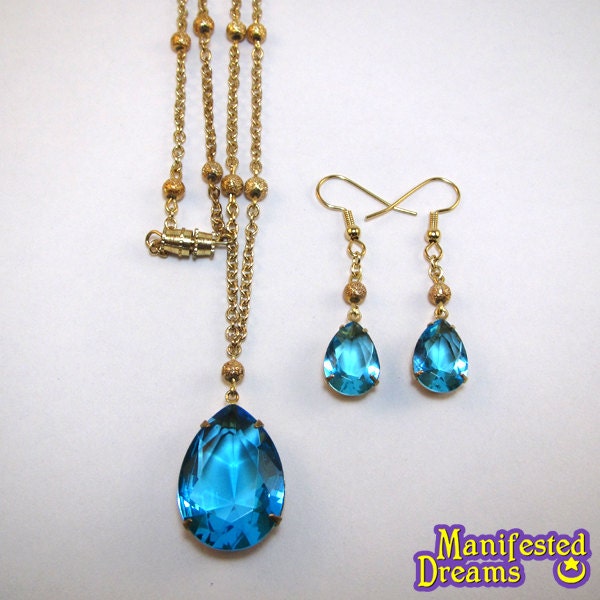 Blue Crystal Earring and Necklace set gold tone Princess Mercury Sailor Moon Cosplay