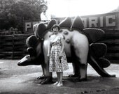 vintage photo snapshot 1960s Julie Sits on Stegosaurus Dinosaur roadside attraction prehistoric park