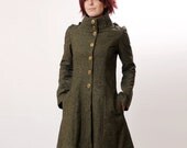 Womens Green Coat, Wool Coat with Goblin Hood and tall collar - Khaki green - Military fashion - autumn coat CYBER MONDAY