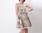 Strapless Dress - Cream, grey and green strapless graphic Dress - Bustier dress -  Size S