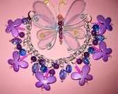 Butterfly Charm Bracelet Jewelry Bright Bold Fun Chunky Purple Pink Blue Beads OOAK Eclectic Statement Piece Adult Teen
