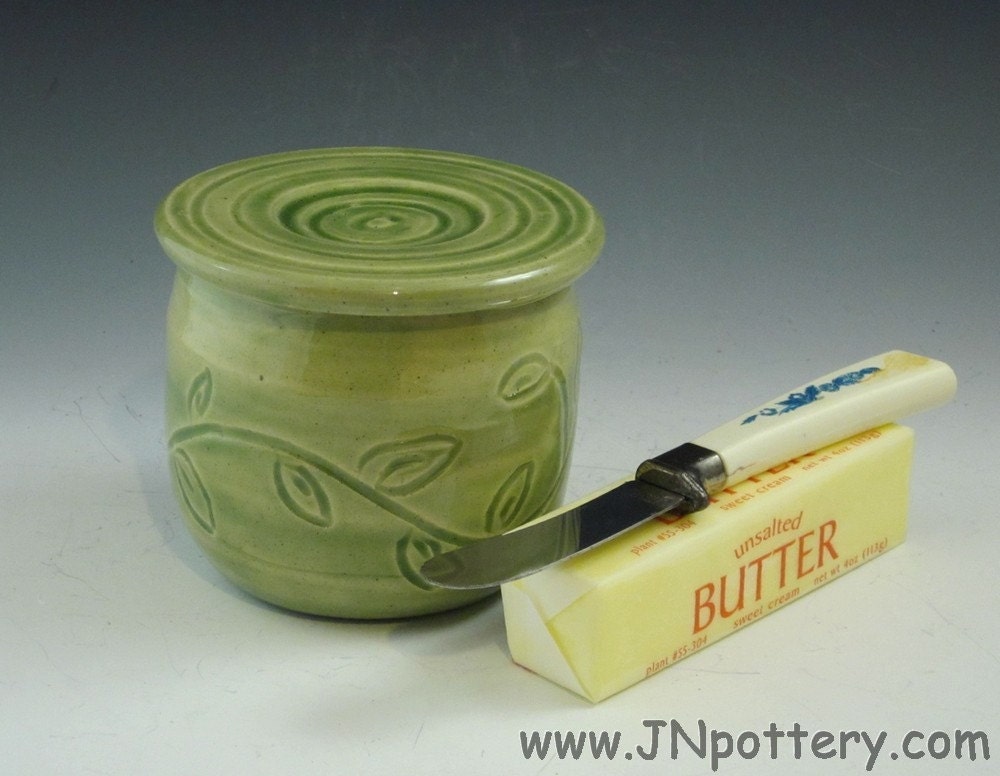Ceramic / Stoneware Butter Crock / French Style Butter Keeper, Celadon Green s188