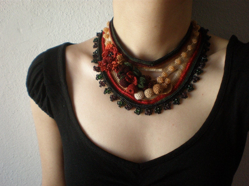 Macleaya Cordata ... Freeform Beaded Crochet Necklace - Brown Red Burgundy Beige Cream Green - Beadwork Statement Bib