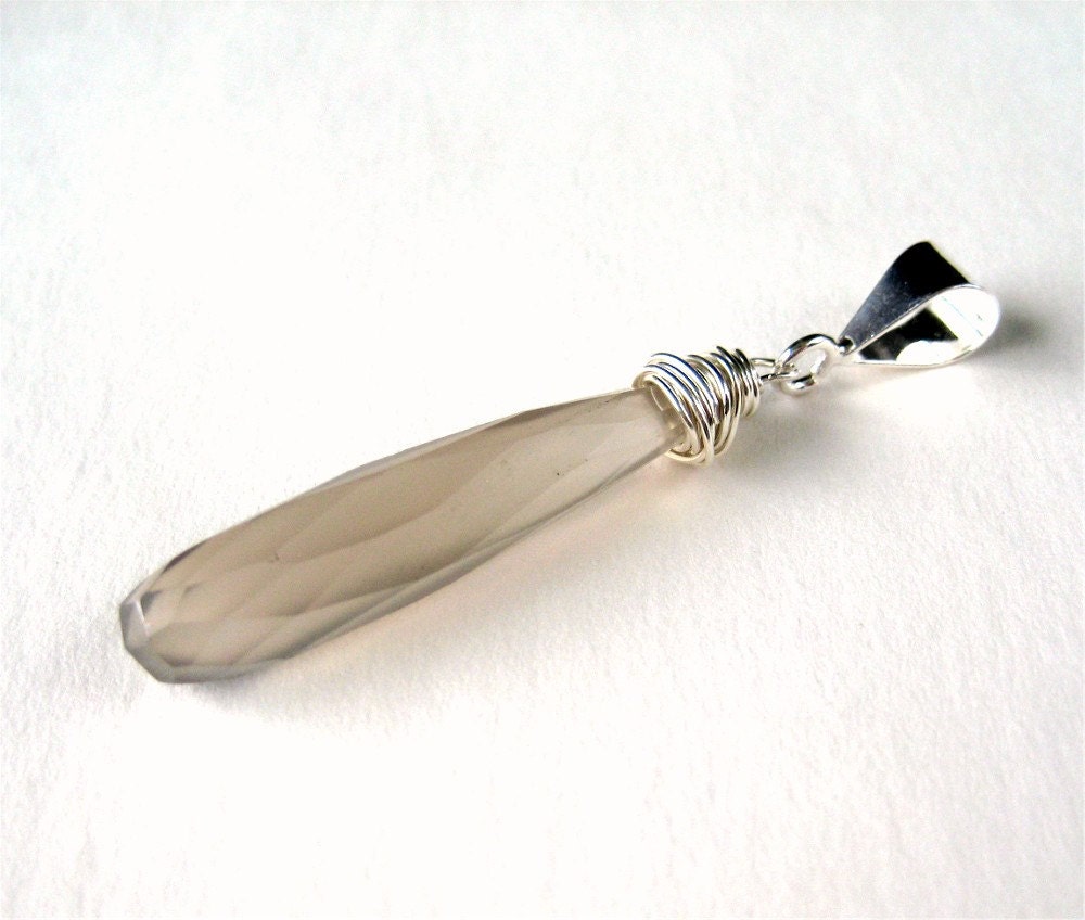 Long Gray Chalcedony Teardrop Pendant, Sterling Silver Wire Wrapped Slide Pendant, Handmade, Grey Sky