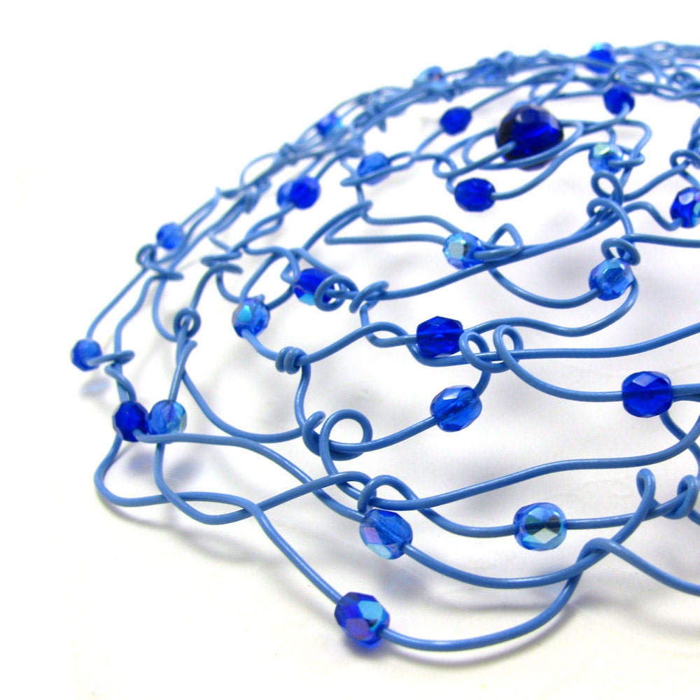 TEKHELET jewish woman's kippah, blue sparkly glass, girls wire yarmulke, temple headwear