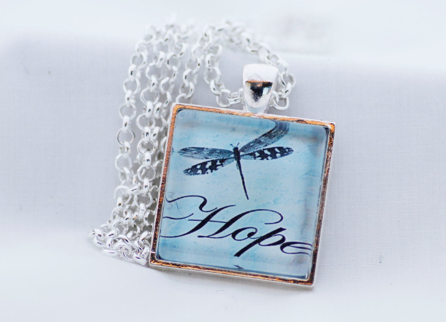Blue Dragonfly Hope Necklace, Silver Pendant, Digital Art Picture Jewelry