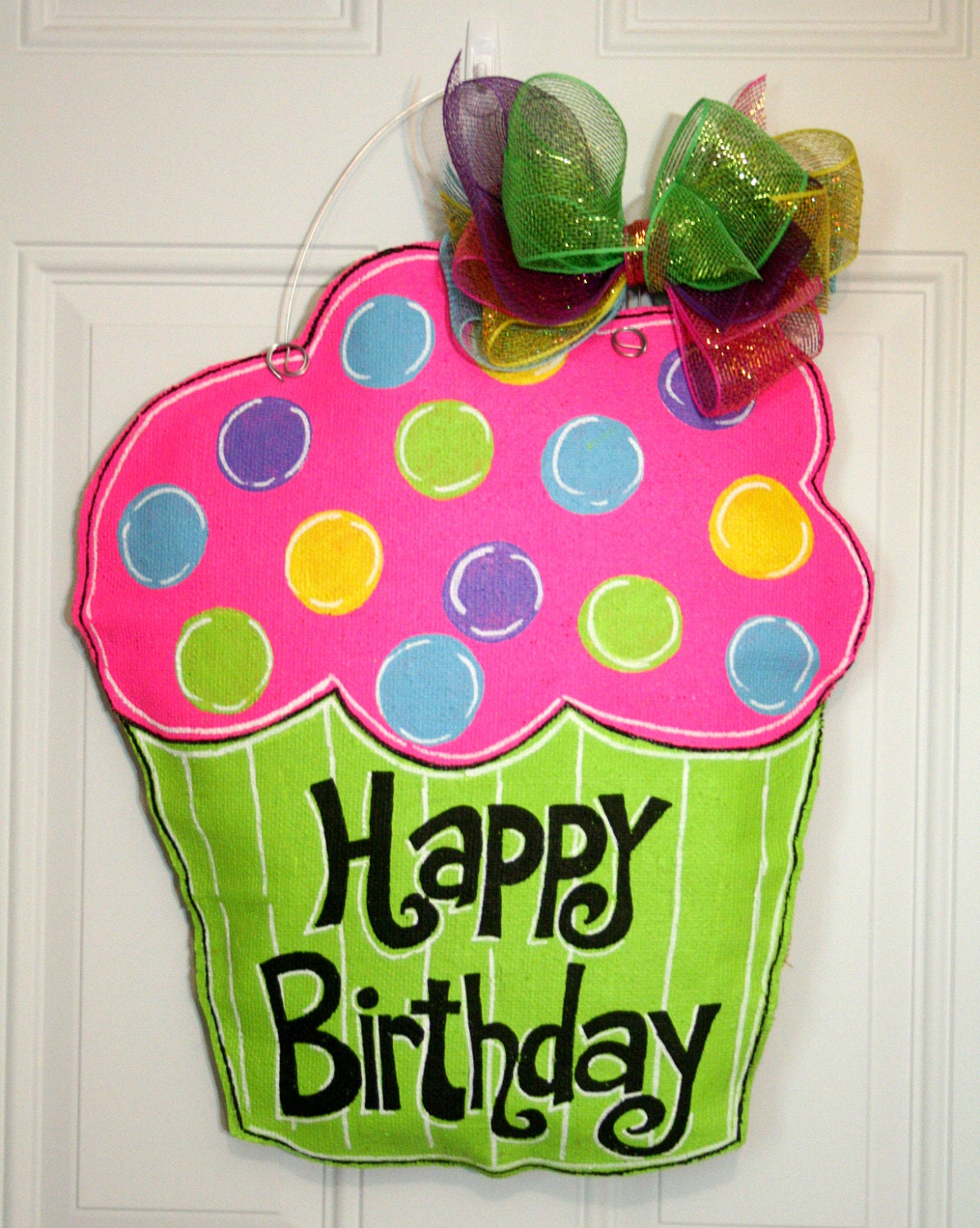 Happy Birthday Party Cupcake Burlap Door Hanger Decoration Polka Dot Celebration Bakery