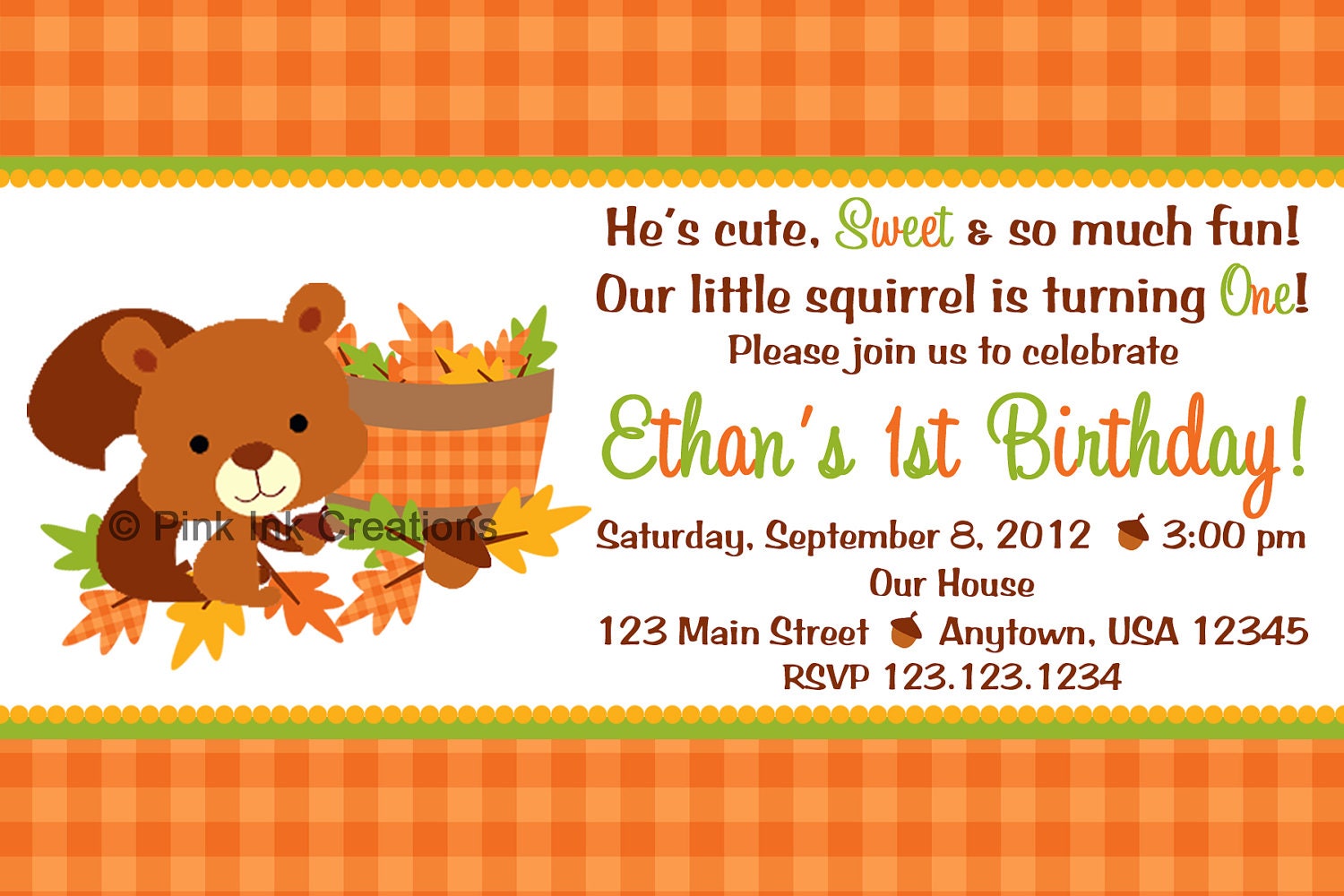 Cute Squirrel Fall Birthday Invitation - girl or boy - any color Il_570xn