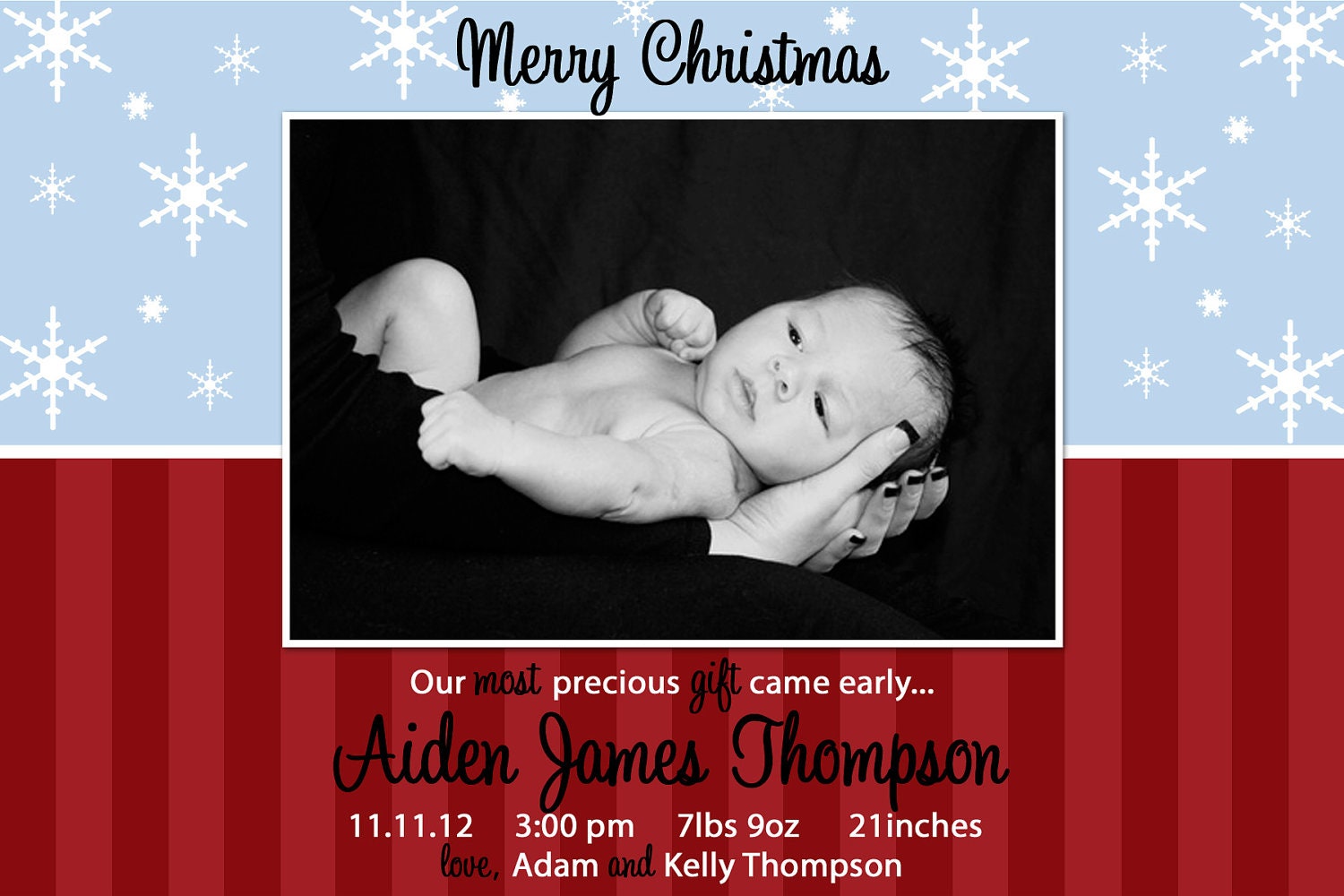 Snowflake Stripes Christmas Birth Announcement - PRINTABLE/PDF - personalized, any color Il_570xn