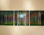Commission Triptyct oil Painting- Large original painting-Modern Blue Moon birch trees copper and green-gold  72'  Vadal free ship