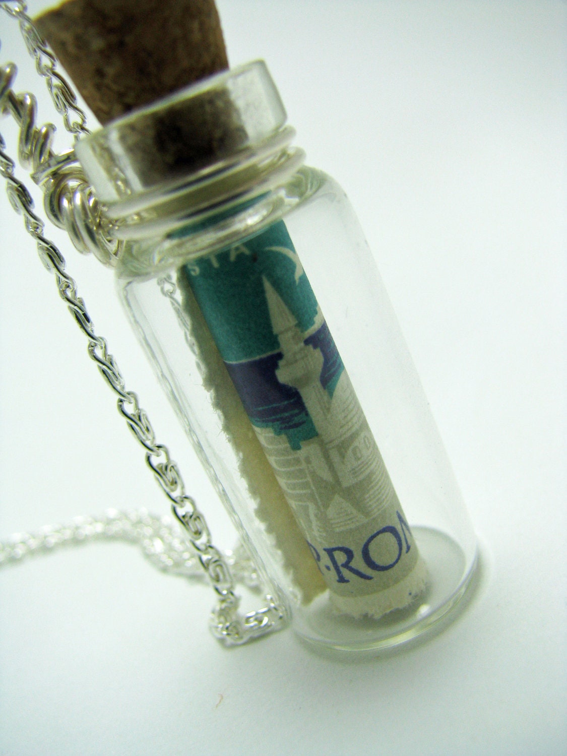 Silver Wire Wrapped Glass Bottle Pendant with Vintage Romanian Stamp
