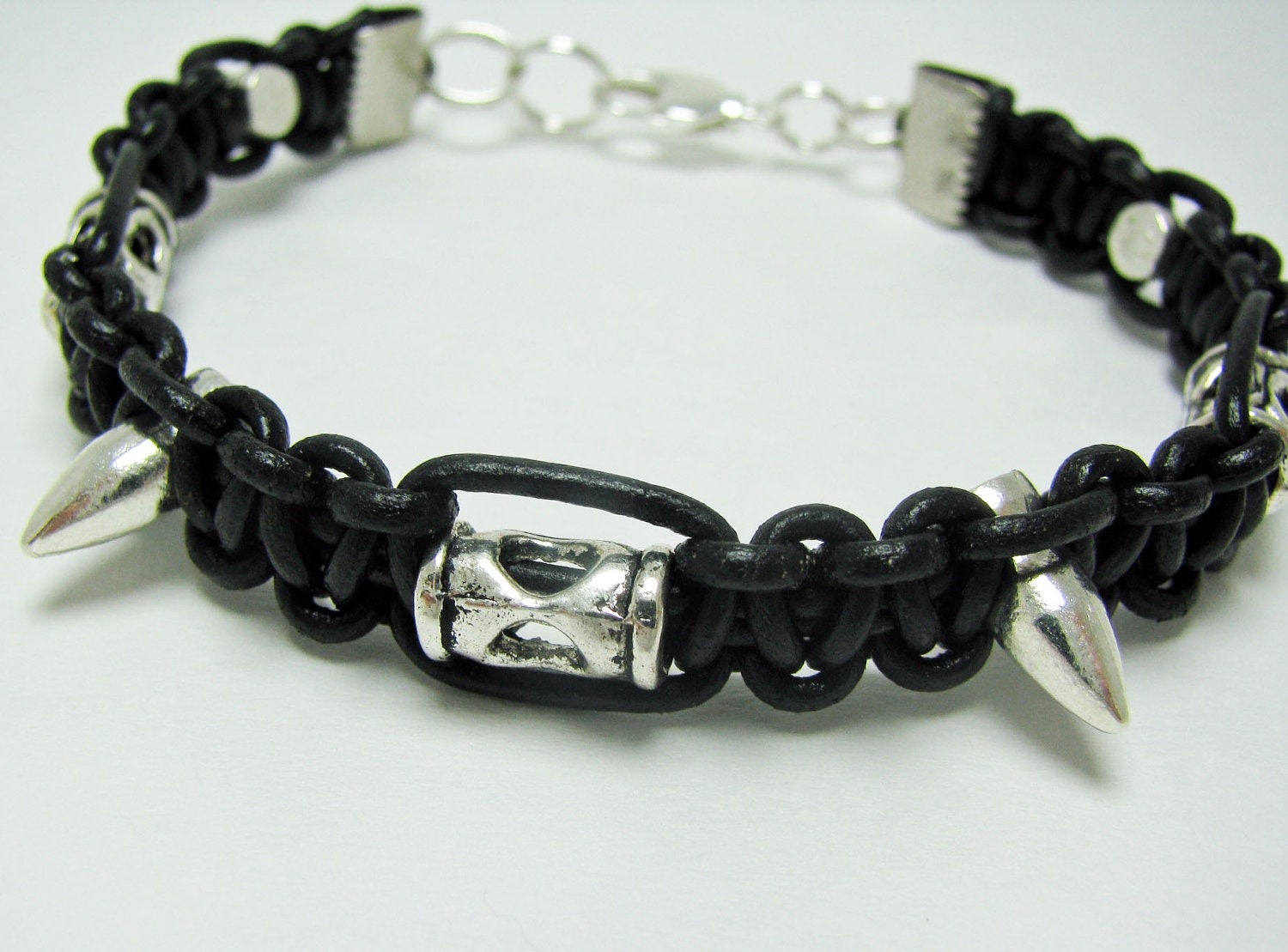 Black Leather Unisex Macrame Bracelet with Metal Spikes