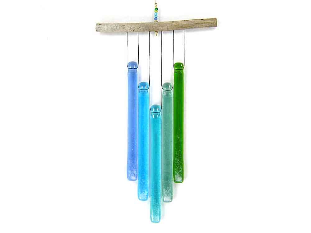 Blue and Green Glass Wind Chime with Oregon Driftwood