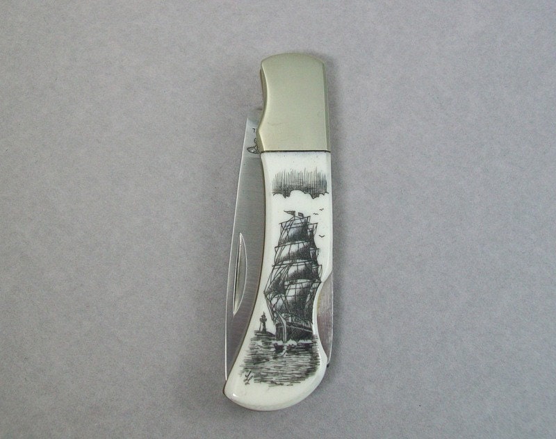 Bone Scrimshaw Pocket Knife with Sailing Ship and Lighthouse