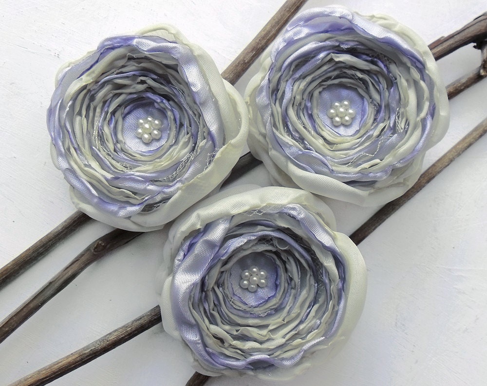 3 Big handmade fabric flowers in pale blue-gray and eggshell - silk appliques, sew on wedding flowers, textile embellishments
