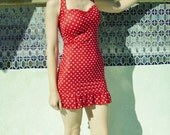 Red and White polka dot ruffle Two Piece swim dress retro pin-up swimsuit Made to order