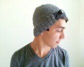 Men's Hat in Mid Gray Heather. Handknit in Alpaca and Wool. Charcoal with Brown Button.
