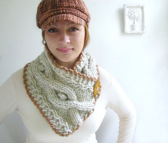 Cabled Scarf in Natural Heathered Wheat. Caramel Crocheted Trim. Handknit. Classic.