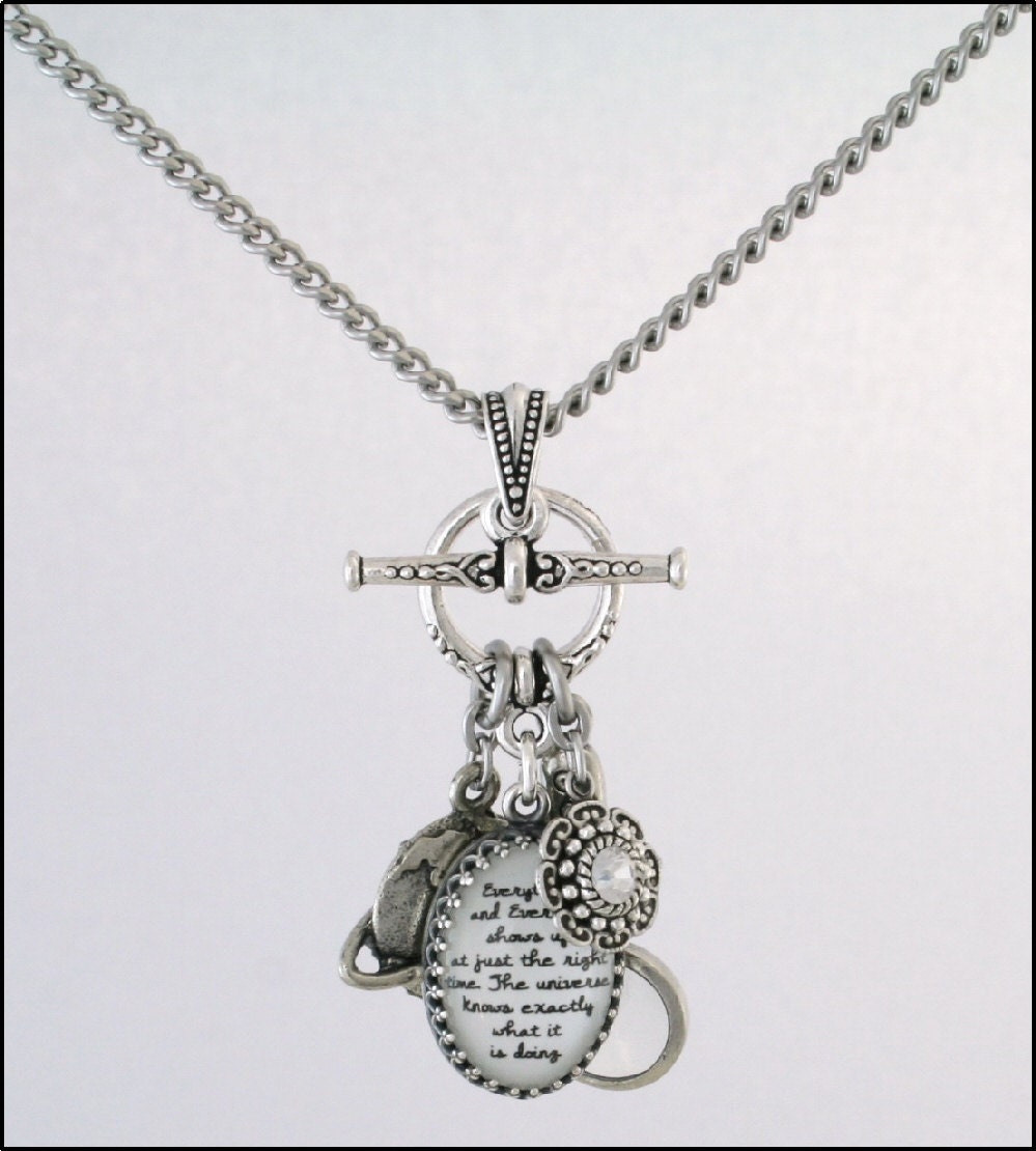 Silver Inspirational Charm Necklace, Glass Pendant, Silver Inspirational Jewelry, Quotes Jewelry, The Universe