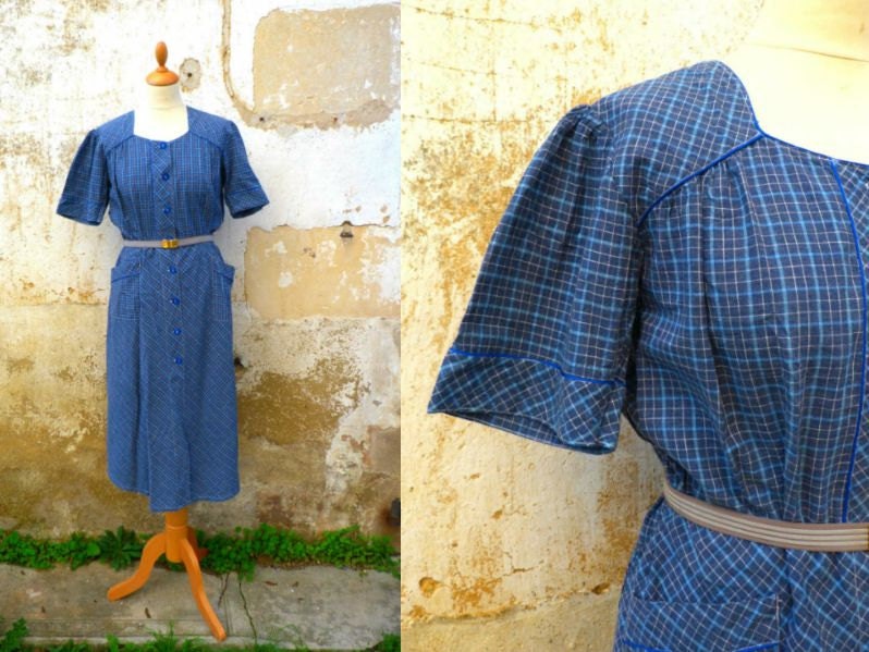 Vintage 1940/1950 French cotton blouse BLUE  dress size M