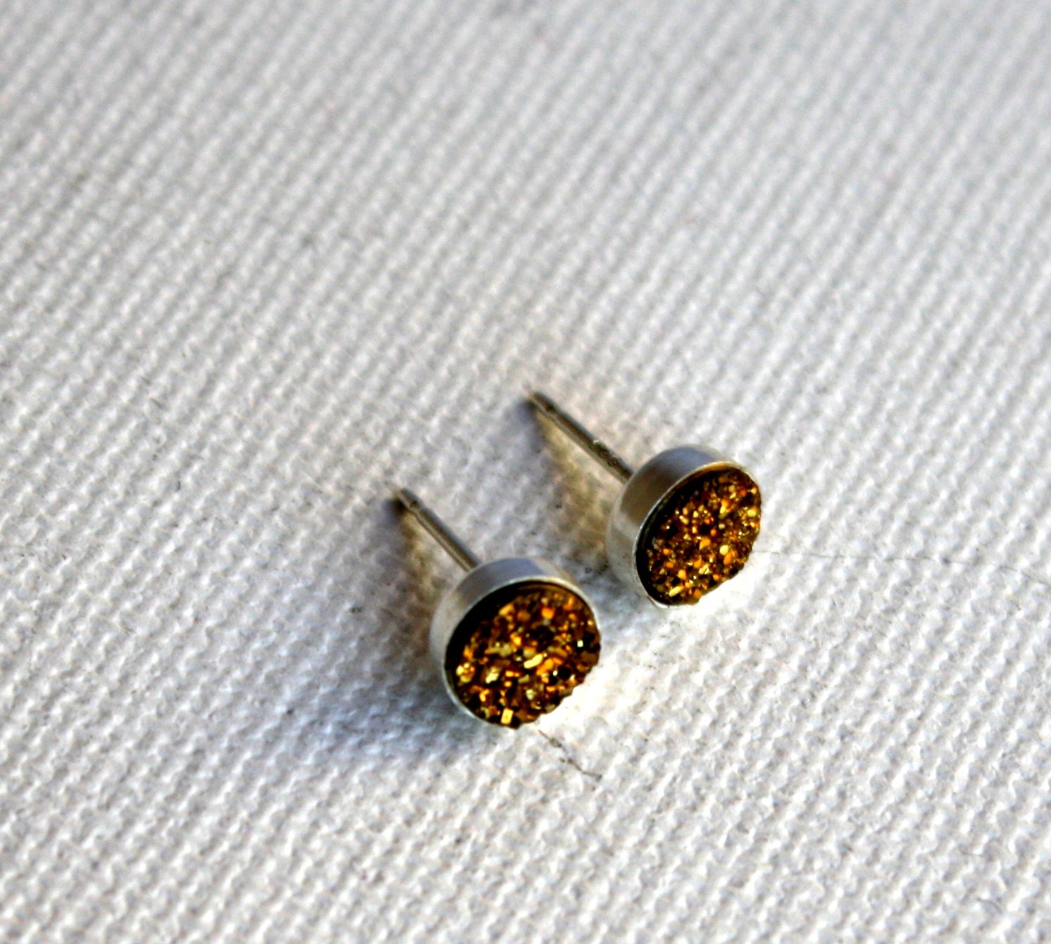 Tiny Gold Drusy Studs in Sterling Silver