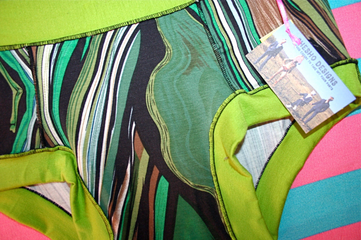 Unisex SMALL MEDIUM tree bark print acid green briefs HaNDMADE UNDeRWEAR