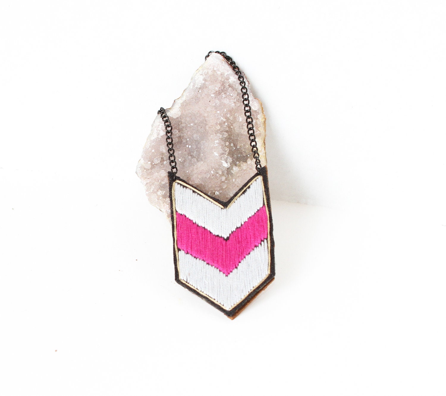 hand embroidered chevron necklace in pale lavender and magenta (on sale, regularly 68, now 48)